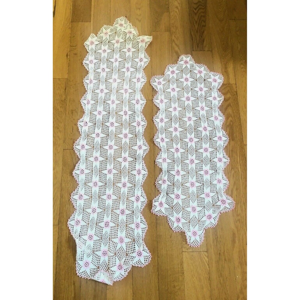 2 Hand Crochet Table Runners Dresser Scarf Pink White Star Handmade Vtg